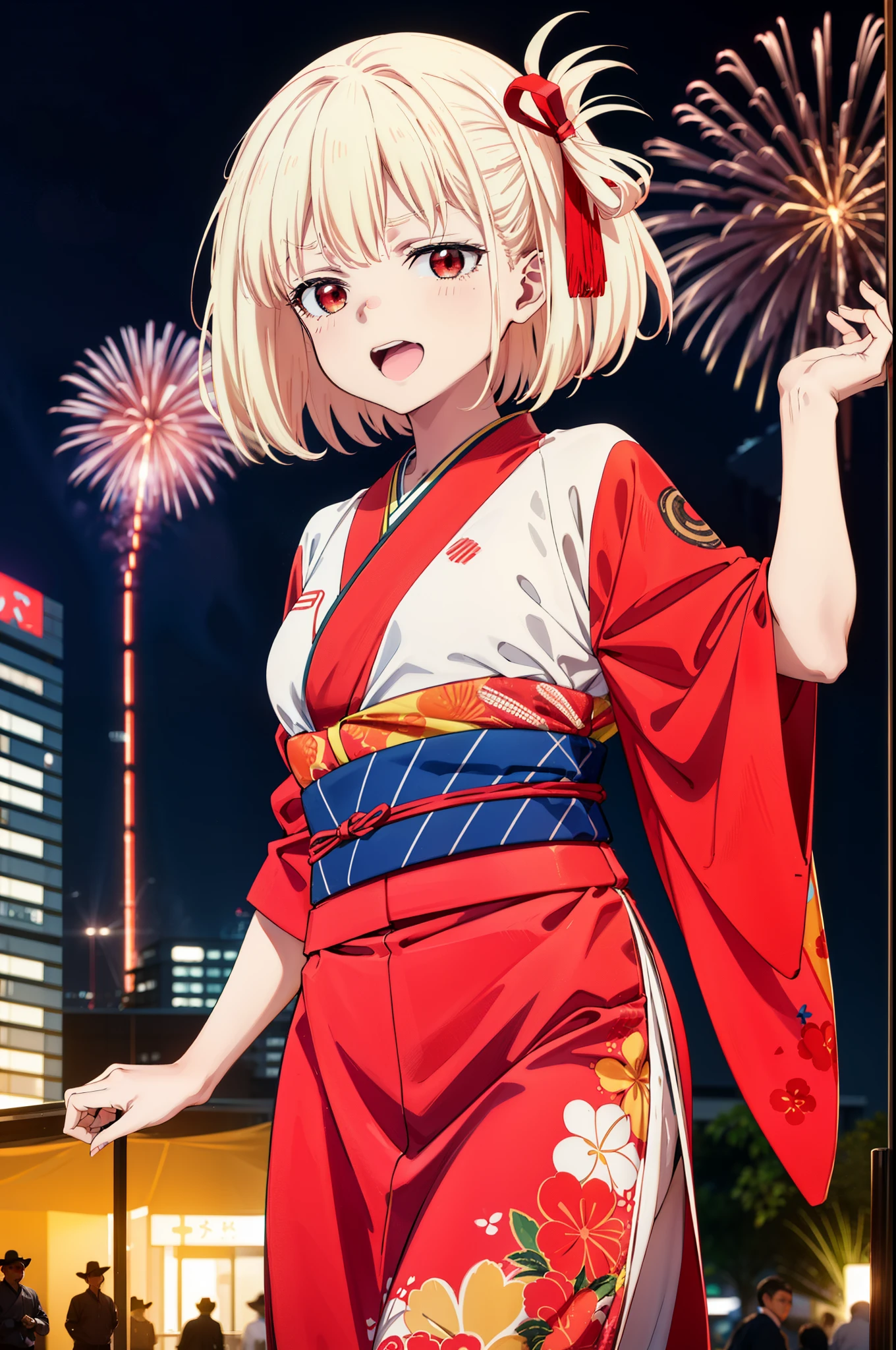 chisatonishikigi, Chisato Nishikigi, short hair, bangs, Blonde Hair, (Red eyes:1.5), Hair Ribbon, One side up, Bobcut,smile,Please open your mouth wide,
,red kimono,Thick sleeves,red long skirt sandals,日本のfestival，夏festivalの屋台、Red Lantern,Fireworks in the night sky,The place is a fireworks display,Time is night,whole bodyがイラストに入るように,Looking up from below、walk,
break outdoors, festival,shrine,
break looking at viewer,Upper Body, whole body(Cowboy Shot:1.5),
break (masterpiece:1.2), highest quality, High resolution, unity 8k wallpaper, (shape:0.8), (Beautiful details:1.6), Highly detailed face, Perfect lighting, Extremely detailed CG, (Perfect hands, Perfect Anatomy),