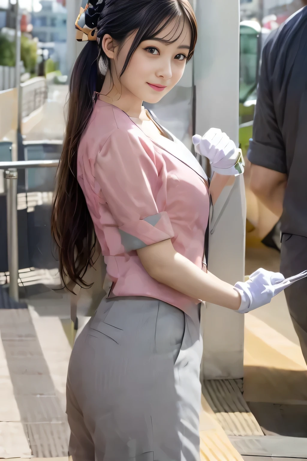 (masterpiece:1.2, highest quality:1.2), 32K HDR, High resolution, (alone、1 girl)、(On the rooftop of a building in the daytime、Professional Lighting)、Building rooftop background、(Nankai train crew uniform pinkを着たリアルスタイル)、(Nankai train crew uniform pink short sleeve pink jacket、Nankai Train Crew Uniform Pink Collarless Short Sleeve Blouse、Nankai Train Crew Uniform Pink Grey Knee-length Culottes)、Dark brown hair、(Hair tied up、Hair Bun、Hair Bun)、Dark brown hair、Long Shot、Big Breasts、Thin legs、((Great hands:2.0)),((Harmonious body proportions:1.5)),((Normal limbs:2.0)),((Normal finger:2.0)),((Delicate eyes:2.0)),((Normal eyes:2.0)))、smile、(Nankai Train Crew Uniform Pink Grey Knee-length Culottesを見せた美しい歩く姿)、Keep your hands natural、No hair