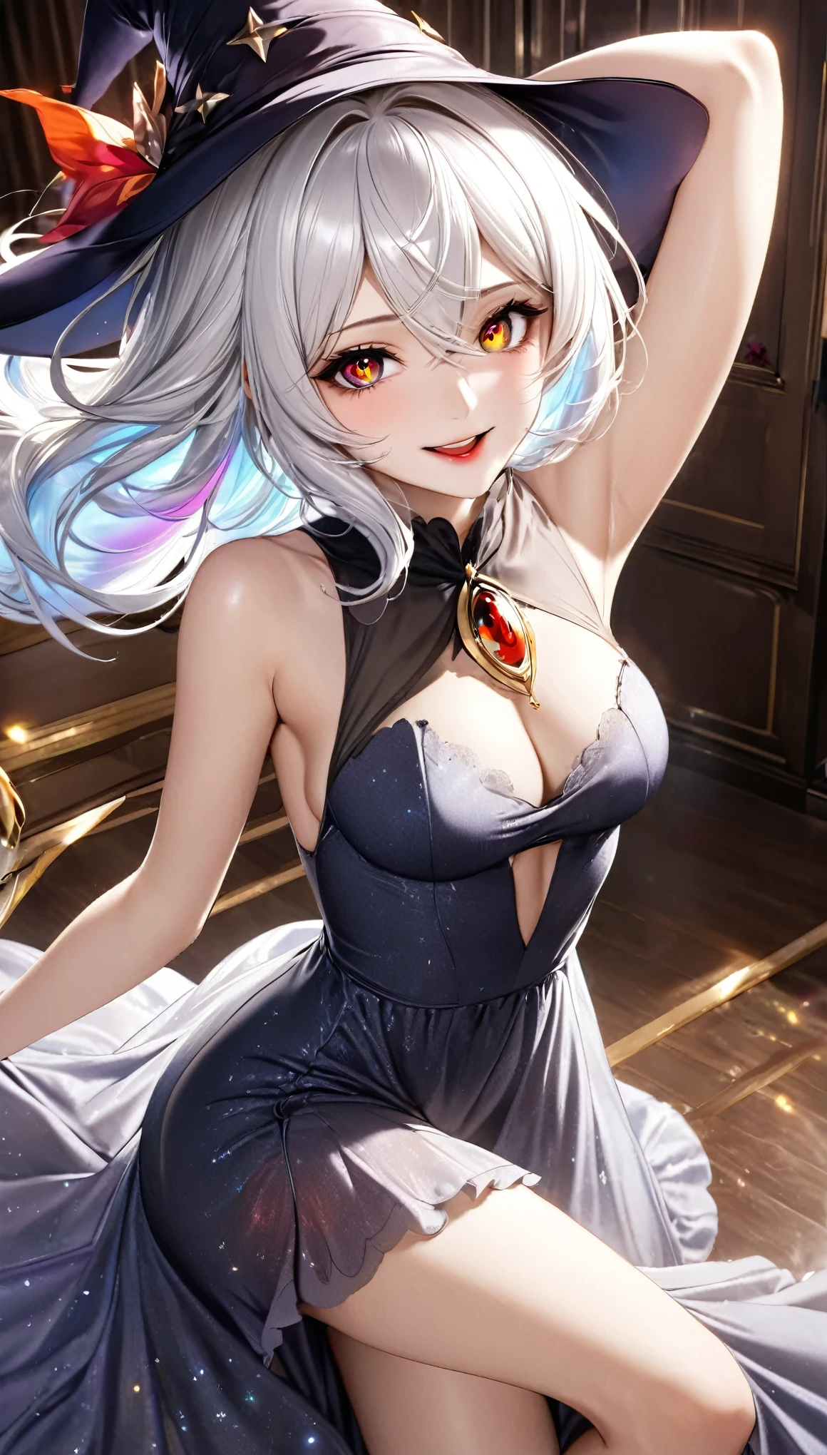 from above, best quality, super fine, 16k, incredibly absurdres, extremely detailed, 2.5D, delicate and dynamic, witch of unparalleled beauty, (eyes painted black, gold and red iridescent pupils), mischievous smile with upward glance, beautiful white hair blowing in the wind, wind effects, crimson lips, captivating look, aroused expression, wearing night dress, superlative body proportion, beautiful pose, bewitching aura, shiny rippling fabric with silky texture, luxurious room with carved gold, iridescent gemstone powder dust