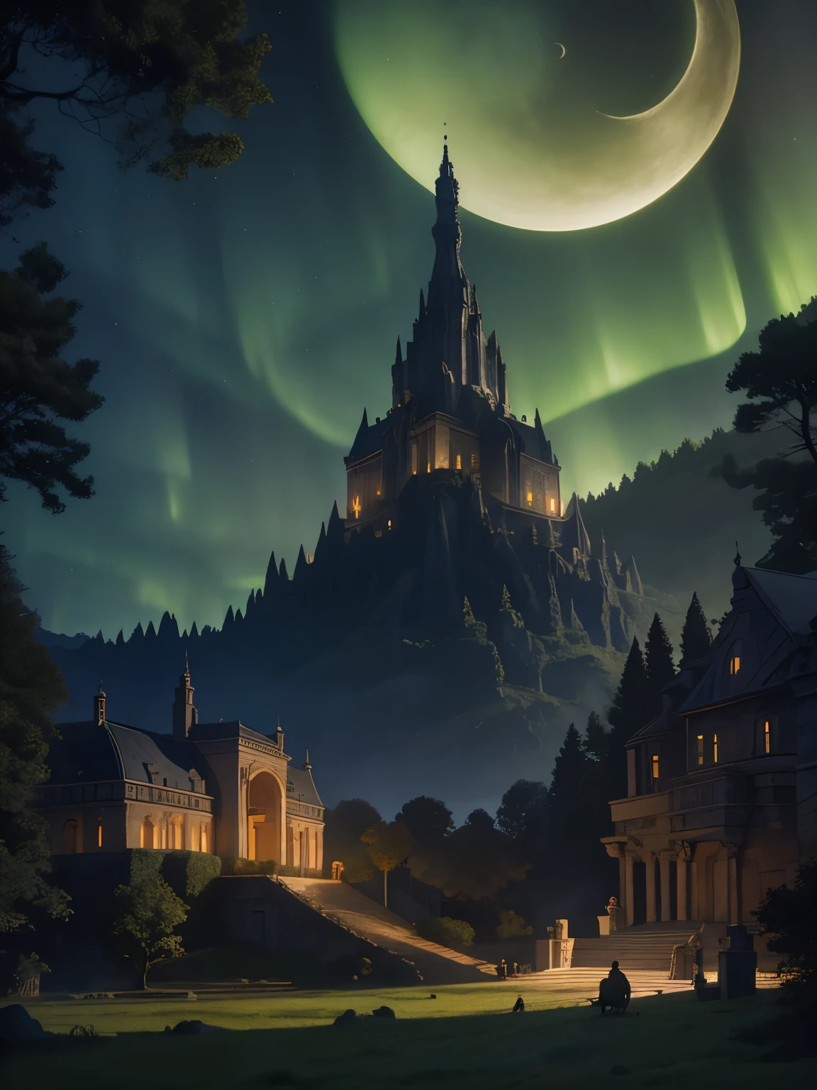 Ralph McQuarrie Style, greek architecture done in a sci-fi style on a beautiful forest and meadow scene with tall buildings and open green spaces, oil, beautiful, Very detailed, Aurora、Crescent Moon、floating castle