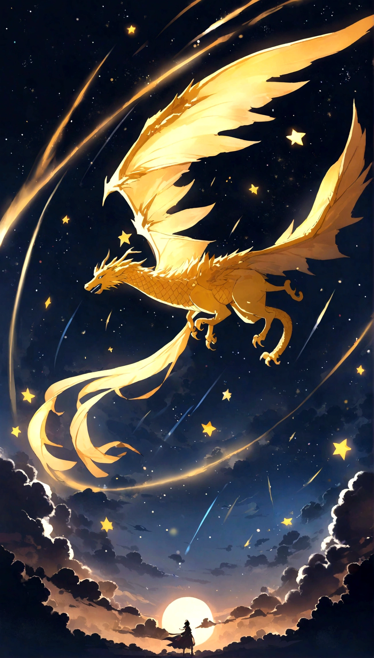 A golden dragon flying in the distance, Beautiful Night, Shiny Stars, Distant Comet