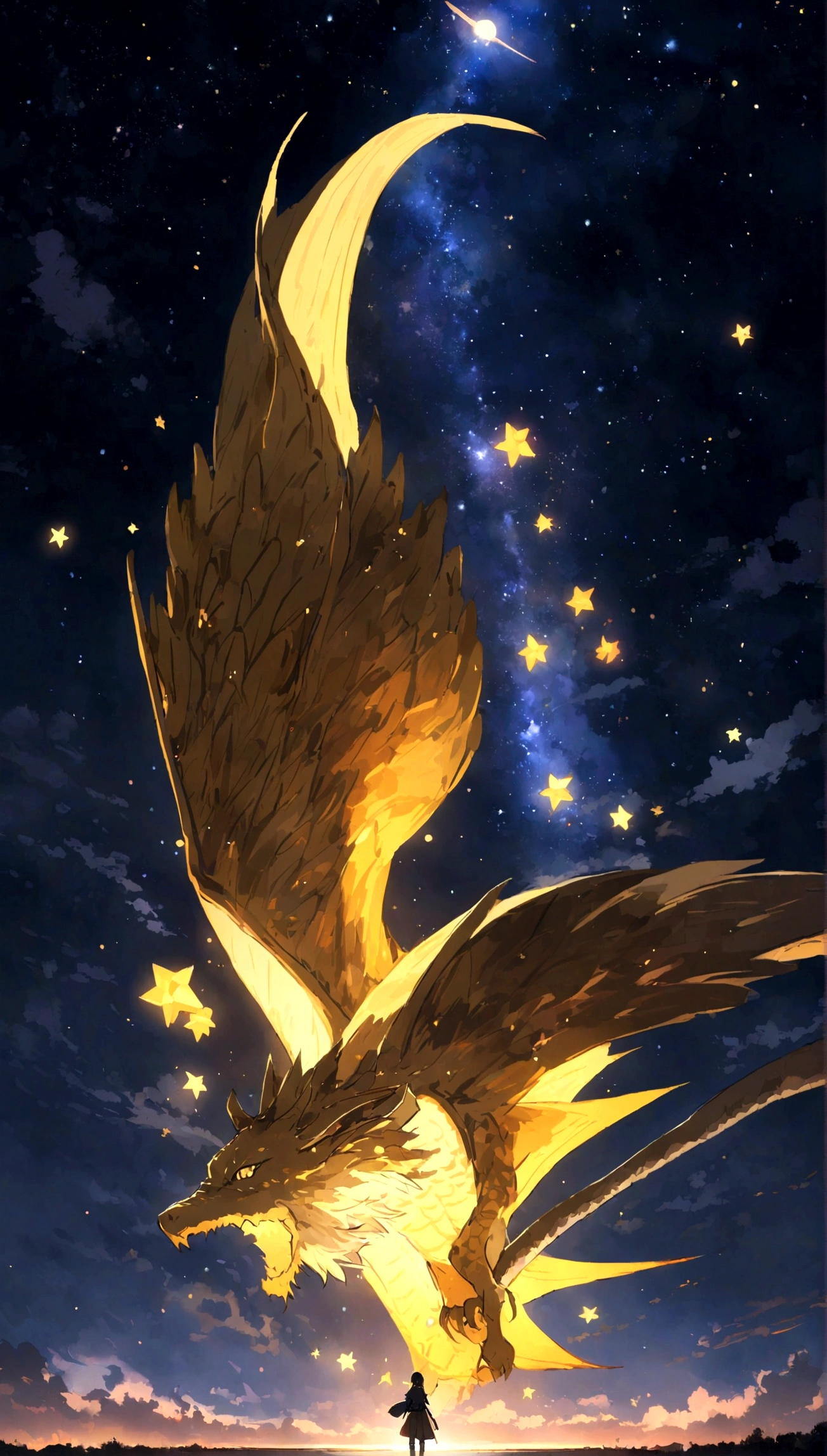 A golden dragon flying in the distance, Beautiful Night, Shiny Stars, Distant Comet 