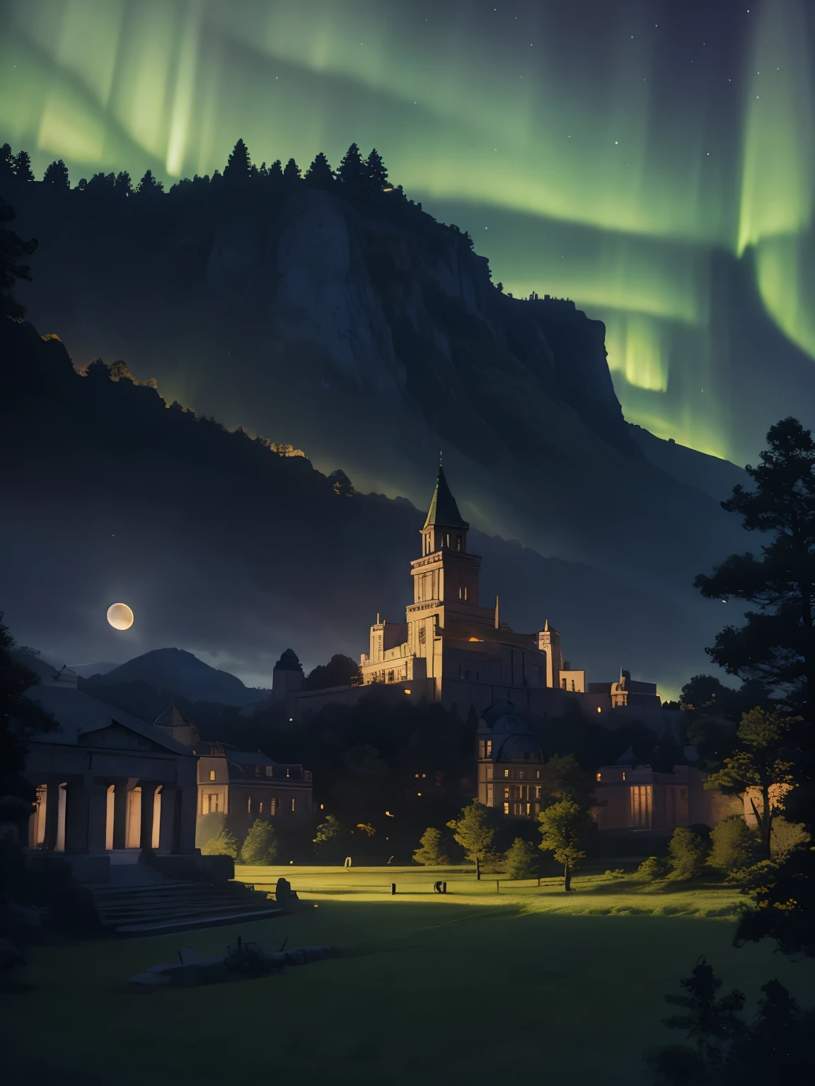 Ralph McQuarrie Style, greek architecture done in a sci-fi style on a beautiful forest and meadow scene with tall buildings and open green spaces, oil, beautiful, Very detailed, Aurora、Crescent Moon、floating castle