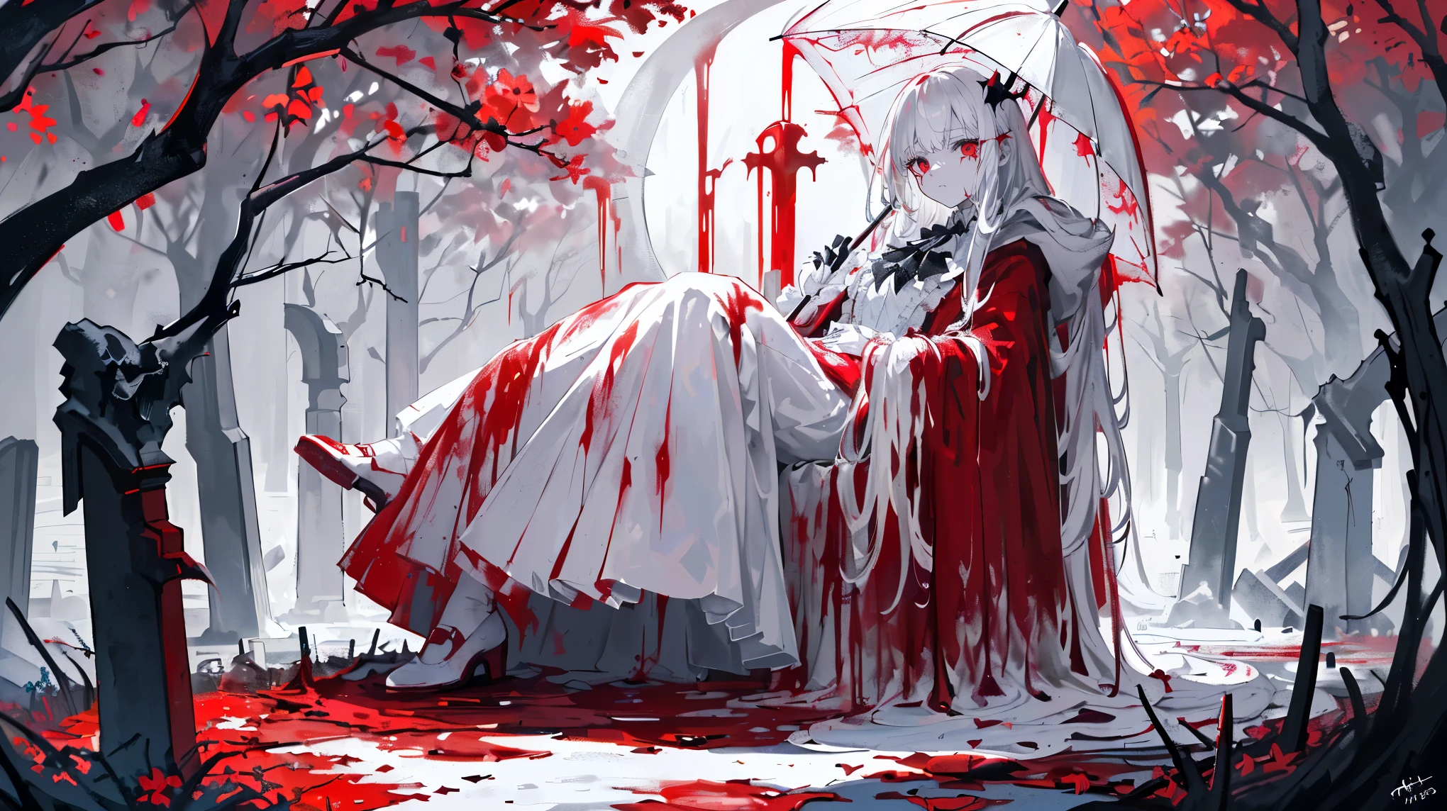(Super detailed)),((illustration))，((masterpiece)),(((need))),((fine、Highest quality CG Unity 8K wallpapers，masterpiece），（（4k，masterpiece，best quality）），A mature girl with long white hair，vampire，Miserable white skin，Blood red eyes，eclipse，dark，flat chest，Ruined cemetery，Surrounded by coffins，White Gothic Clothing，Blood splattered on clothes，Leave blood and tears，hood，Holding an umbrella，White shoes，Innocent，A pool of blood under my feet，The tree sucking blood，bats flying over，crazy，The End，Blood rained in the sky，Full body picture