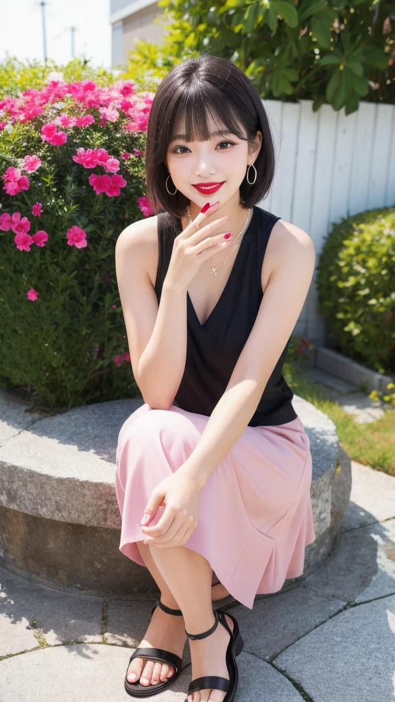 (8k, Photorealistic, Raw photo, Highest quality: 1.4),Japanese idol style1Beautiful girl of the person,18-year-old,Short bob hairstyle,Black Hair,She has her hair tucked behind her ears,She has small earrings in her ears,Big, clear grey eyes,Long eyelashes,Plump Cheeks,She is wearing pink lipstick,Apply gloss over your lipstick for glossy, plump lips,Smiling,A short pendant is hanging around her neck.,The nails on both hands are painted with light pink nail polish.,Both toenails have red nail polish,Wearing a camisole,Wearing a long skirt,wearing sandals on bare feet,garden,Standing posture,Angle from the front,Full body portrait
