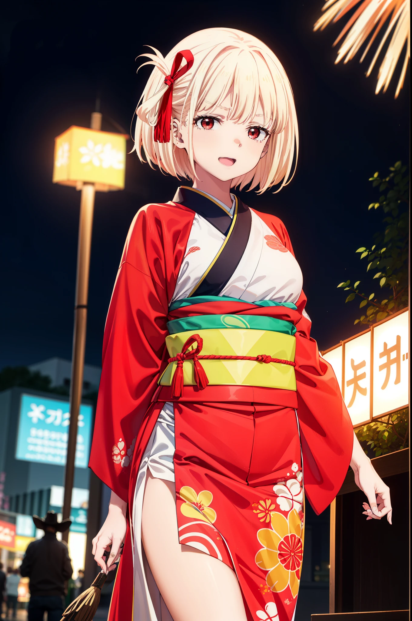 chisatonishikigi, Chisato Nishikigi, short hair, bangs, Blonde Hair, (Red eyes:1.5), Hair Ribbon, One side up, Bobcut,smile,Please open your mouth wide,
,red kimono,Thick sleeves,red long skirt sandals,日本のfestival，夏festivalの屋台、Red Lantern,Fireworks in the night sky,The place is a fireworks display,Time is night,whole bodyがイラストに入るように,Looking up from below、walk,
break outdoors, festival,shrine,
break looking at viewer,Upper Body, whole body(Cowboy Shot:1.5),
break (masterpiece:1.2), highest quality, High resolution, unity 8k wallpaper, (shape:0.8), (Beautiful details:1.6), Highly detailed face, Perfect lighting, Extremely detailed CG, (Perfect hands, Perfect Anatomy),