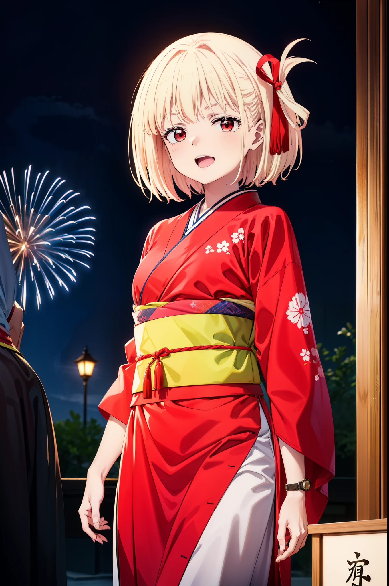 chisatonishikigi, Chisato Nishikigi, short hair, bangs, Blonde Hair, (Red eyes:1.5), Hair Ribbon, One side up, Bobcut,smile,Please open your mouth wide,
,red kimono,Thick sleeves,red long skirt sandals,日本のfestival，夏festivalの屋台、Red Lantern,Fireworks in the night sky,The place is a fireworks display,Time is night,whole bodyがイラストに入るように,Looking up from below、walk,
break outdoors, festival,shrine,
break looking at viewer,Upper Body, whole body(Cowboy Shot:1.5),
break (masterpiece:1.2), highest quality, High resolution, unity 8k wallpaper, (shape:0.8), (Beautiful details:1.6), Highly detailed face, Perfect lighting, Extremely detailed CG, (Perfect hands, Perfect Anatomy),