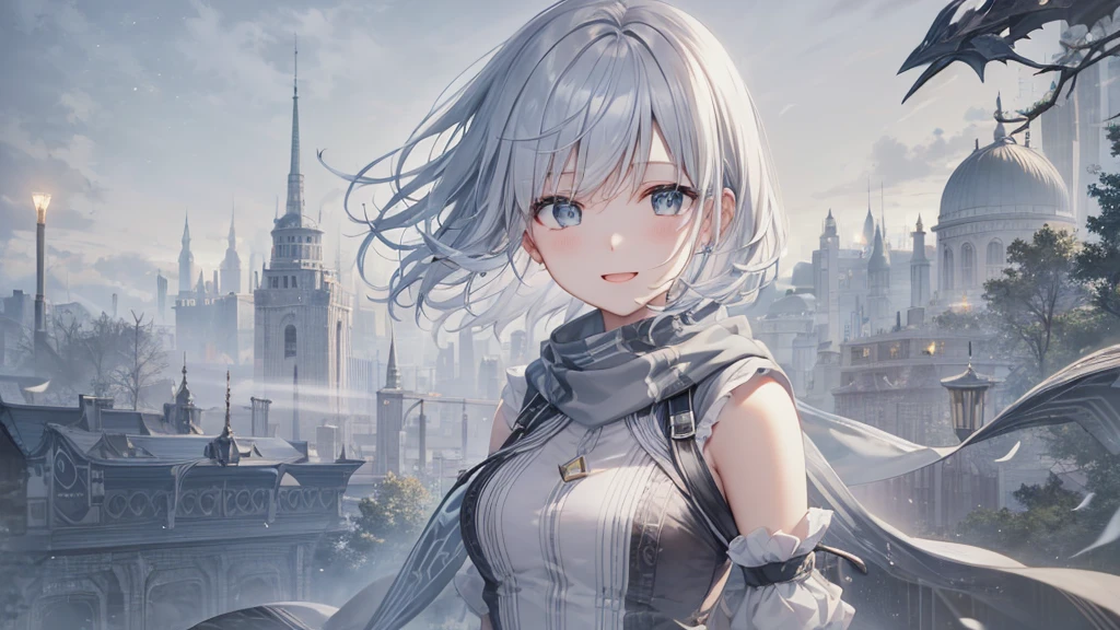 Her eyes were shining、Mysterious and enchanting atmosphere。With AI Painting、とてもShort Hair, Long bangs between the eyes, Grey Eyes , Very detailed,(masterpiece、highest quality)、alone、Gray Hair、Fantasy, Silver Hair, Beautiful Eyes,Ecstasy, charm, attract the audience, Fantasyな風景、White shirt、smile、Open your mouth、Scarf、short hair、Short Hair、hairpin、Dark Eyes