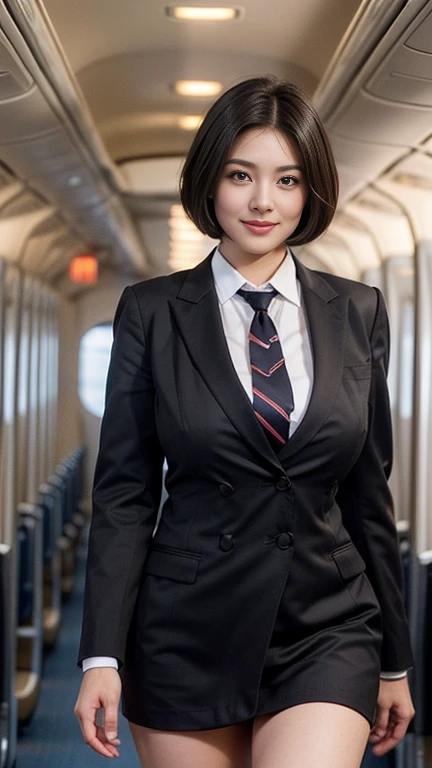 1beautiful womanl, 28years、hyperdetailed face、Detailed lips、A detailed eye、double eyelid、(Black bob hair、Smiling while walking gracefully down the aisle)、(Stewardess uniform:1.2)、((beautiful tie)) (Glamorous body)、(Colossal tits)、((short-cut hair))、（large full breasts）（big butts）（Plump body）（plump body shape）（ large full breasts）（Colossal tits）((J-Cup))、highs thighs thighs thighs, Perfect fit, Perfect image realism, Background with: (Business Class aisle on airplanes:1.2), Cowboy Shot, Meticulous background, detailed costume, Perfect litthing、Hyper-Realism、(Photorealsitic:1.4)、8K maximum resolution, (​masterpiece), ighly detailed, Professional