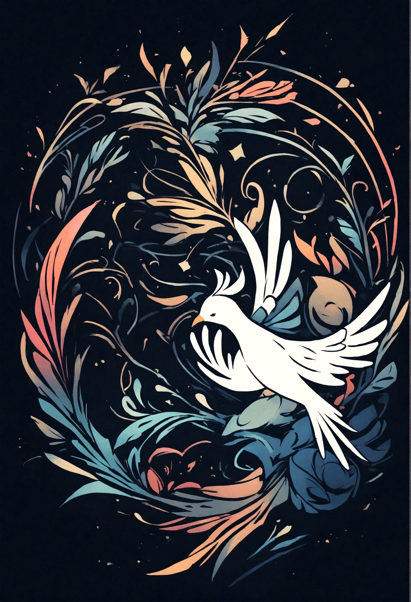 Create a cinematic, abstract symbol for a film production company based on stories and music. The logo should represent the companionship between a boy musician, A Storyteller Fantasy Bird and a Dreamy Feather. Minimalist symbol design