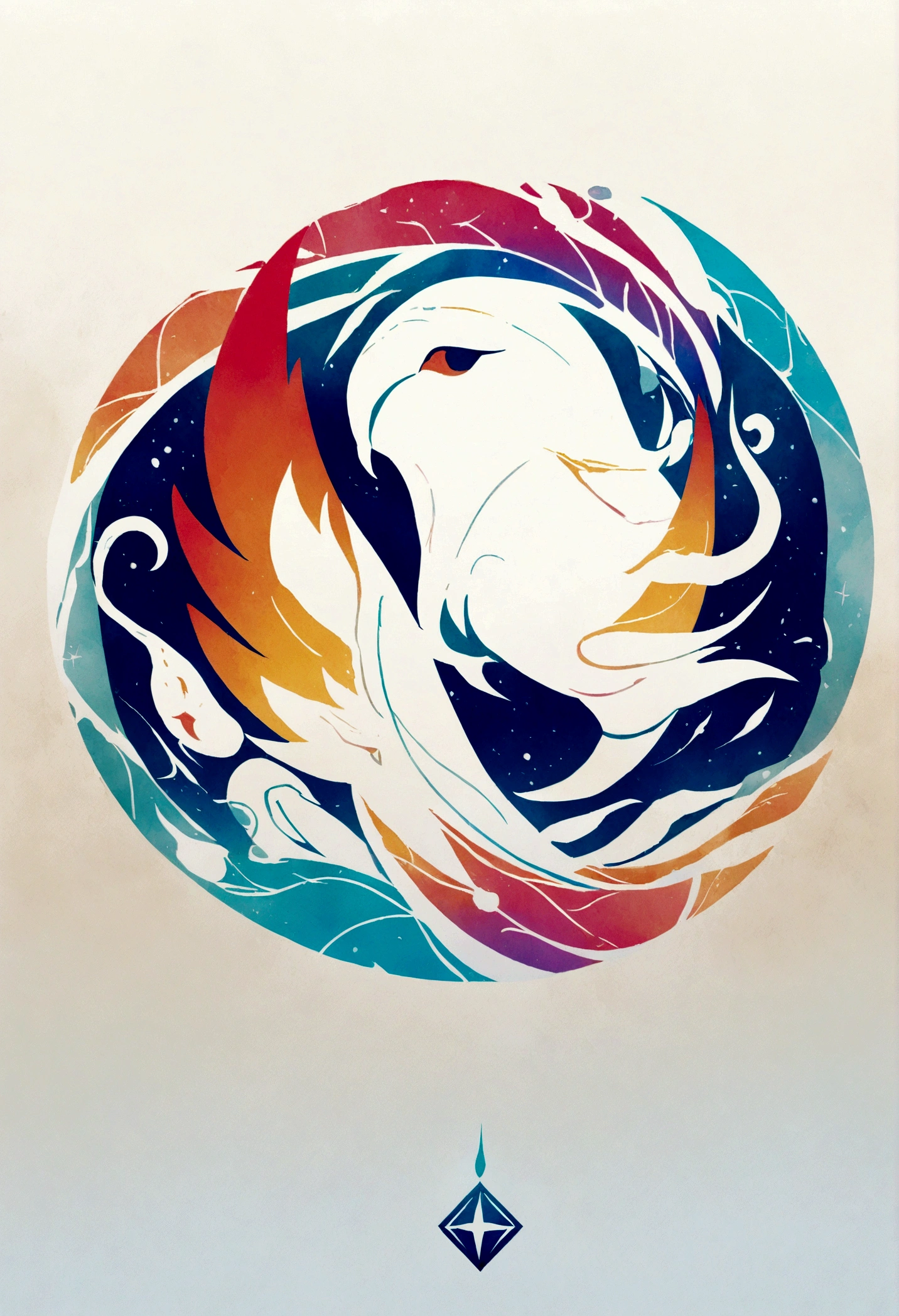 Create a cinematic, abstract symbol for a film production company based on stories and music. The logo should represent the companionship between a boy musician, A Storyteller Fantasy Bird and a Dreamy Feather. Minimalist symbol design
