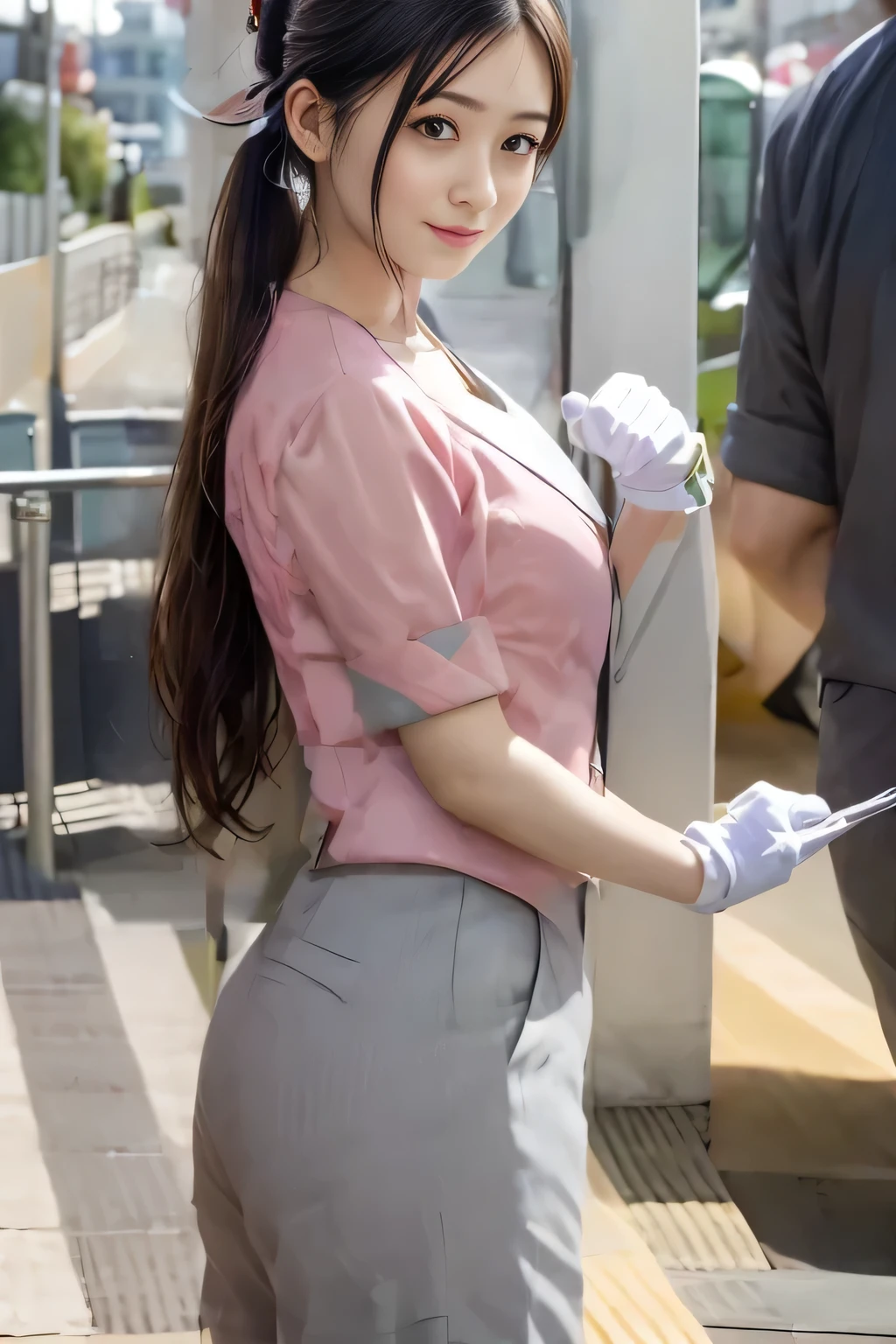 (masterpiece:1.2, highest quality:1.2), 32K HDR, High resolution, (alone、1 girl)、（On the rooftop of a building in the daytime、Professional Lighting）、Building rooftop background、（Nankai train crew uniform pinkを着たリアルスタイル）、（Nankai train crew uniform pink short sleeve pink jacket、Nankai Train Crew Uniform Pink Collarless Short Sleeve Blouse、Nankai Train Crew Uniform Pink Grey Knee-length Culottes）、Dark brown hair、（Hair tied up、Hair Bun、Hair Bun）、Dark brown hair、Long Shot、Big Breasts、Thin legs、（（Great hands：2.0）），（（Harmonious body proportions：1.5）），（（Normal limbs：2.0）），（（Normal finger：2.0）），（（Delicate eyes：2.0）），（（Normal eyes：2.0））)、smile、（Nankai Train Crew Uniform Pink Grey Knee-length Culottesを見せた美しい歩く姿）、Keep your hands natural、