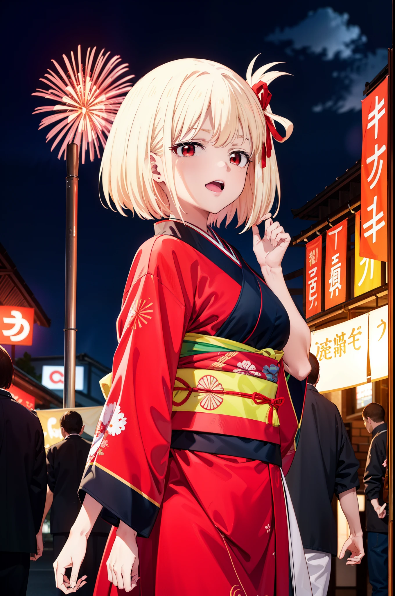 chisatonishikigi, Chisato Nishikigi, short hair, bangs, Blonde Hair, (Red eyes:1.5), Hair Ribbon, One side up, Bobcut,smile,Please open your mouth wide,
,red kimono,Thick sleeves,red long skirt sandals,日本のfestival，夏festivalの屋台、Red Lantern,Fireworks in the night sky,The place is a fireworks display,Time is night,whole bodyがイラストに入るように,Looking up from below、walk,
break outdoors, festival,shrine,
break looking at viewer,Upper Body, whole body(Cowboy Shot:1.5),
break (masterpiece:1.2), highest quality, High resolution, unity 8k wallpaper, (shape:0.8), (Beautiful details:1.6), Highly detailed face, Perfect lighting, Extremely detailed CG, (Perfect hands, Perfect Anatomy),