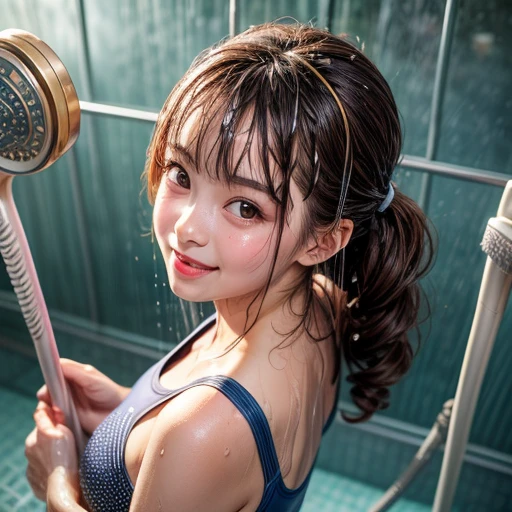 SFW, (Friendly snapshot of girls in open shower room by pool), Braid hair, With bangs、(School Swimwear), the body is covered with juice、Sweating、be sweaty、Wet pearl skin, ((Wet swimsuit)), Perfect Lighting, Clear Focus, (bokeH:1.4), Roundly butts, { (shower:1.7) | Overflowing Gigantic sideboob | Butt cruck | (from above:1.4) }, hidden hands BREAK (NOGIZAKA girls)  ((Extremely Detailed very KAWAII face variations)), perfect anatomy, Childish, captivating gaze, elaborate detailed Eyes with (sparkling highlights:1.2), long eyelashes、Glossy RED Lips with beautiful details, Coquettish tongue, Rosy cheeks . { (Dynamic joyful expressions) | (:d) }, (no large eyes) . (closeup:1.2)
