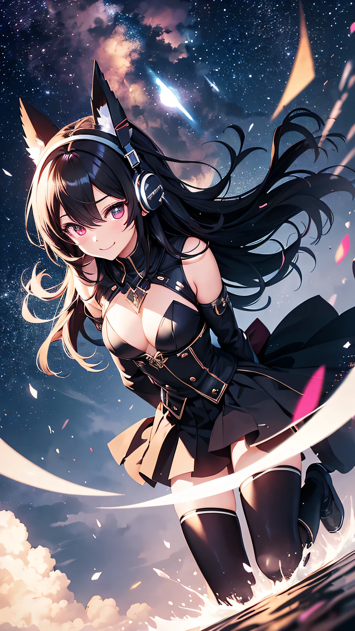 Highest quality、Highest quality、Masterpiece、girl((20-year-old、as soon as、Highest Bust、Medium Bust、Wide open chest、Red glowing eyes、Black Ear、Red Mesh、Disheveled Hair、Loincloth、thin、The best valley、Open chest、hair ornaments、Full body view、Black Universe Suit、Black Skirt、Random Pause、smile、headphone))、high quality、Beautiful Art、background((Collapsing Ground、no gravity、Floating Object、shooting star、universe、comet))、Depth((Earth))、flight、Flying Debris、Depth of text、movie、Visual Arts、Perfect Art、8K、Genuine、Special Angles