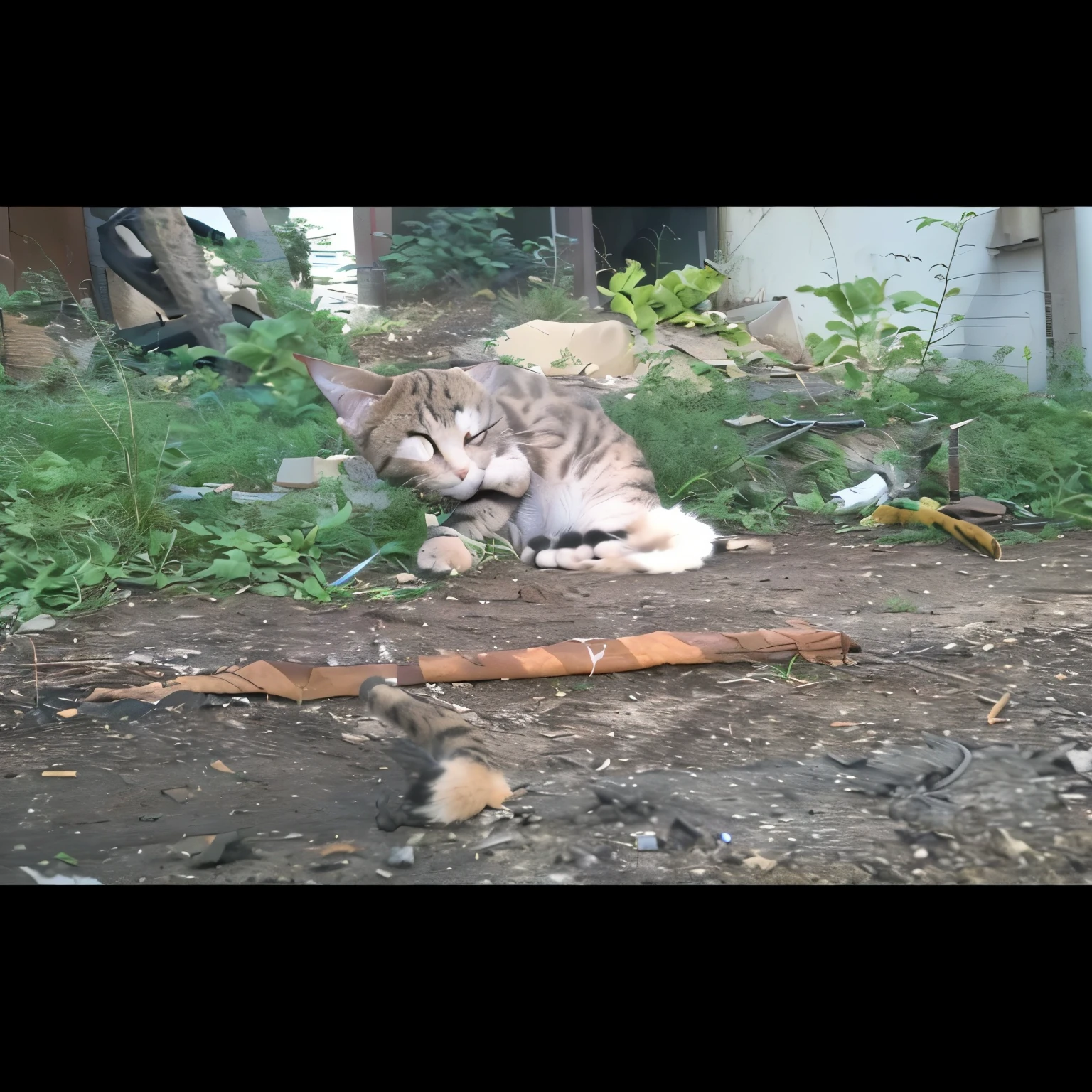 there is a cat that is laying down in the dirt, sad cat, angry cat, tabaxi male, resting on a tough day, he is very relaxed, an artistic pose, cat smoking a cigarette, cat attacking tokyo, photo of a cat, not smiling, resting after a hard fight, male emaciated, taken with the best dlsr camera