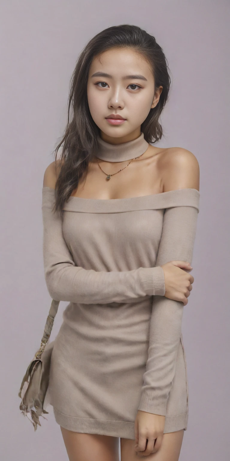 1girl in, age19, Solo, Long hair, Colossal , Looking at Viewer, blond hair, Bare shoulders, Brown eyes, jewelry, Full body, a necklace, off shoulders, Sweaters, Realistic, A sexy