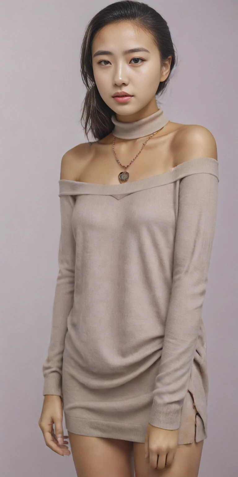 1girl in, age19, Solo, Long hair, Colossal , Looking at Viewer, blond hair, Bare shoulders, Brown eyes, jewelry, Full body, a necklace, off shoulders, Sweaters, Realistic, A sexy