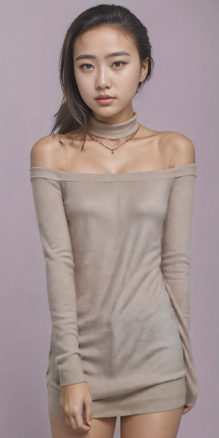 1girl in, age19, Solo, Long hair, Colossal , Looking at Viewer, blond hair, Bare shoulders, Brown eyes, jewelry, Full body, a necklace, off shoulders, Sweaters, Realistic, A sexy