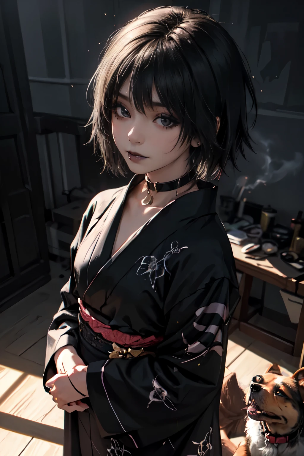 Girl, woman, emo_hairstyle, black lipstick, dog collar, eyeliner, eye shadow, smoky eyes, realistic lighting, short hair, standing up, short kimono.