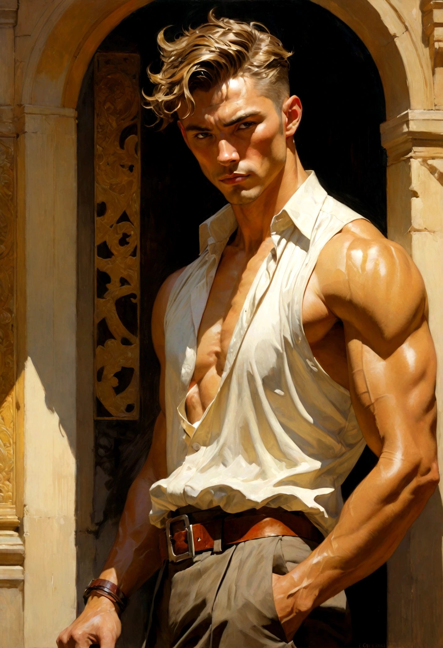 attractive man, painting by greg rutkowski, gaston bussiere, craig mullins, j. c. leyendecker, yoji shinkawa, bold brushstrokes, highly detailed
