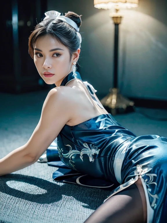 (((((Lying down))),(High Kick))),"(Exquisitely drawn CG Unity 8k wallpaper, Masterpiece quality with stunning realism), (Best lighting, Best Shadow), (highest quality), (Elegant and devilish style:1.2), Artistic modern anime. Diagonal view, A close-up full-body portrait of a stunningly beautiful mature Chun-Li from Street Fighter。 ((Dark brown hair:1)), ((White lace-up boots:.5)), Dynamic pose, (Blue Chinese Dress:1.5), Great body, in china at night with neon lights, Shy and timid、Frivolous、sexy、Cute expression, the body is slim, Very decorative and detailed, Brown see-through pantyhose, Depth of field blur effect, night, Full Zoom, Action Portrait, Realistic. Cinema Lighting, Very detailed. highest quality, 4K, Better Hands, Perfect Anatomy, Shortening effect, Shy and timidsexyな表情, Your legs look short, (Sharp Eye:0.8), Surrounded by an ominous and dark atmosphere, Dramatic and striking lighting accents, Surreal fantasy feel". (Wearing white laced military boots:1), (night:1), (Side view:.5), (Lifted my butt:1), (metal spike bracelet:1), (Leaning forward:1), (White ribbon flowing from the hair bun:1.5) (Front view:1)