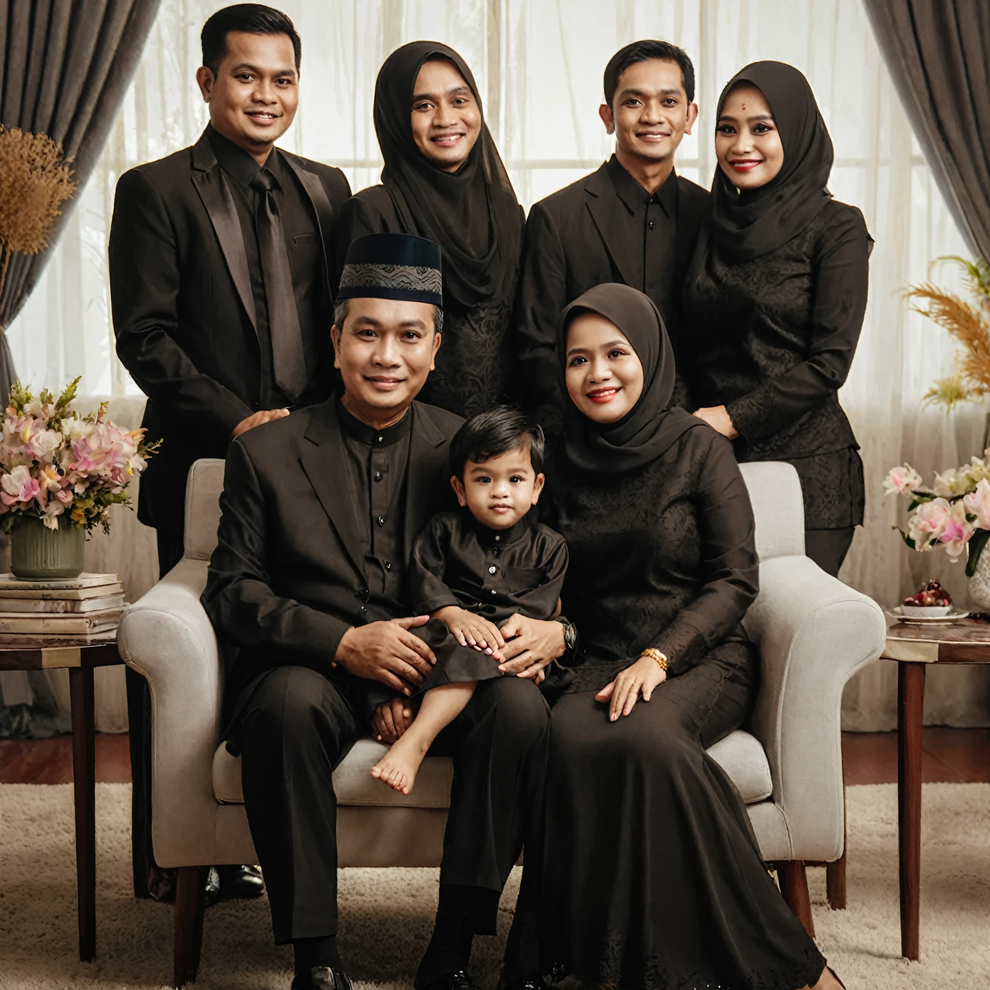 there are a group of people sitting on a couch together, an indonesian family portrait, barong family, family portrait, mourning family, full protrait, family photography, by Basuki Abdullah, happy family, family, hana alisa omer, classic portrait, portrait shot, barong family member, inspired by Basuki Abdullah, in majestic, home photography portrait, potrait