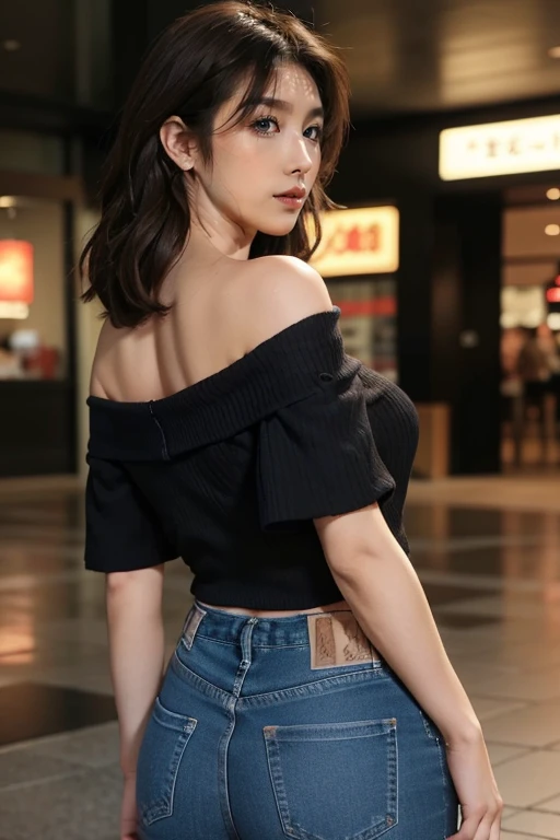 Beautiful woman wearing tight jeans，32 years old,Blue jeans,(Black off-shoulder:1.2),(short sleeve
:1.1),Her ass is thick and big，Thick thighs,Slightly thicker，Short and thick legs，The back view is also very attractive.，With their backs to the camera,panty line,(In 8K、Super high resolution、highest quality、 Masseter muscle part、Photoreal、highest quality:1.2),sexy gal、extraordinary beauty、super cute woman、(raise your butt:1.1),Japanese women,Mature Woman,profile,Light brown hair,Shopping Mall Background,Woman&#39;s whole body,blush,Estrus,Squat,squat,Spread your legs,nsfw,vapor,focus on feet