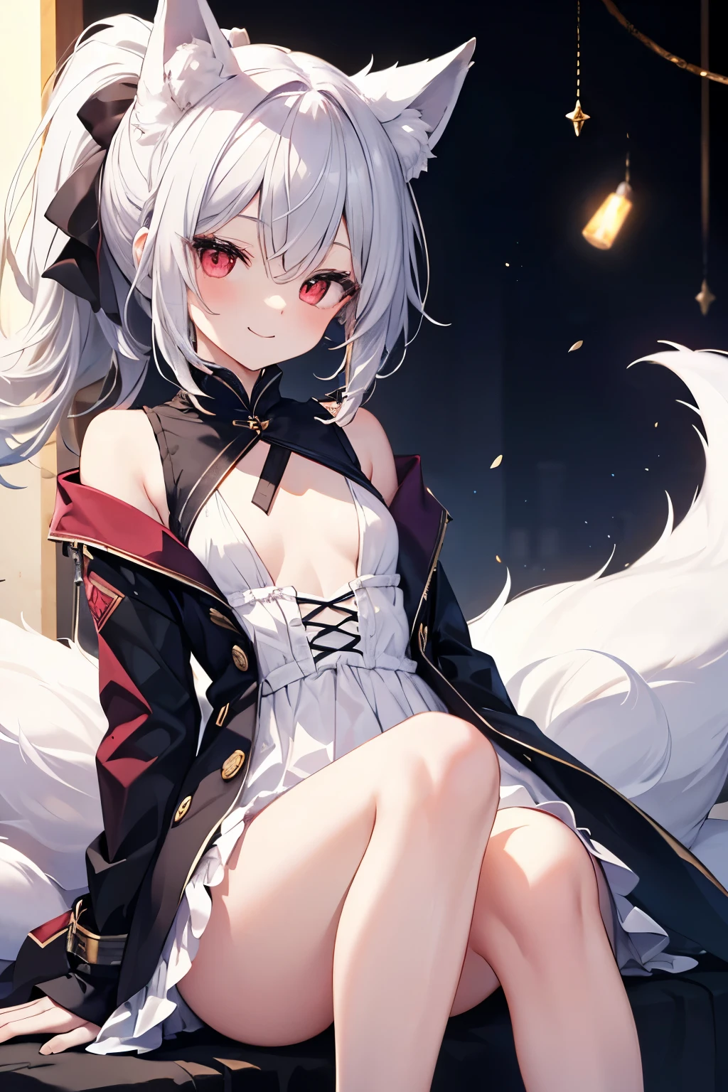 Silver Hair、Red Eye、Fox Ears、Fluffy fox tail、girl、Small breasts、ponytail、girl、Small breasts、Lolita、Bright smile、Looks like 13 years old、Petan Musume、short、目のhighlight、Sexy thighs、Your eyes are so beautiful、highlight