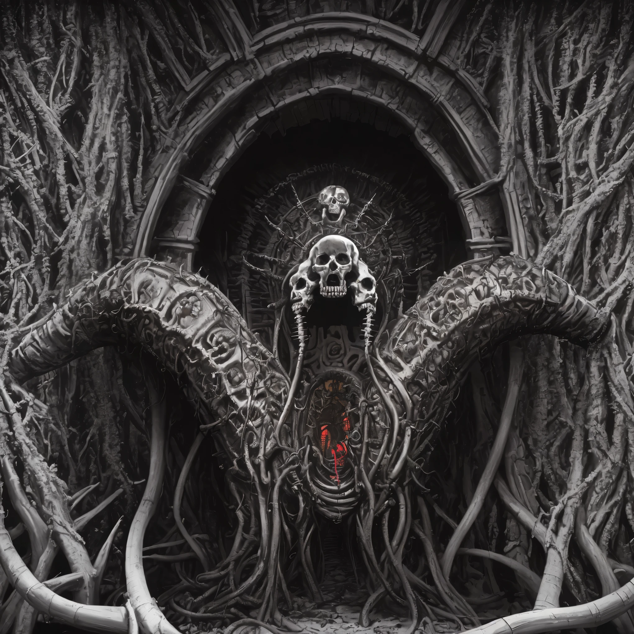 a painting of a hole with skeletons inside of it, scary detailed art in color, highly detailed dark art, macabre art, hyperrealistic hell, detailed 3d gothic oil painting, just art for dark metal music, mouth of hell, horror surreal art, hell scape, horror!! highly detailed, by Alex Grey, detailed and creepy, portal to hell, insane intricate