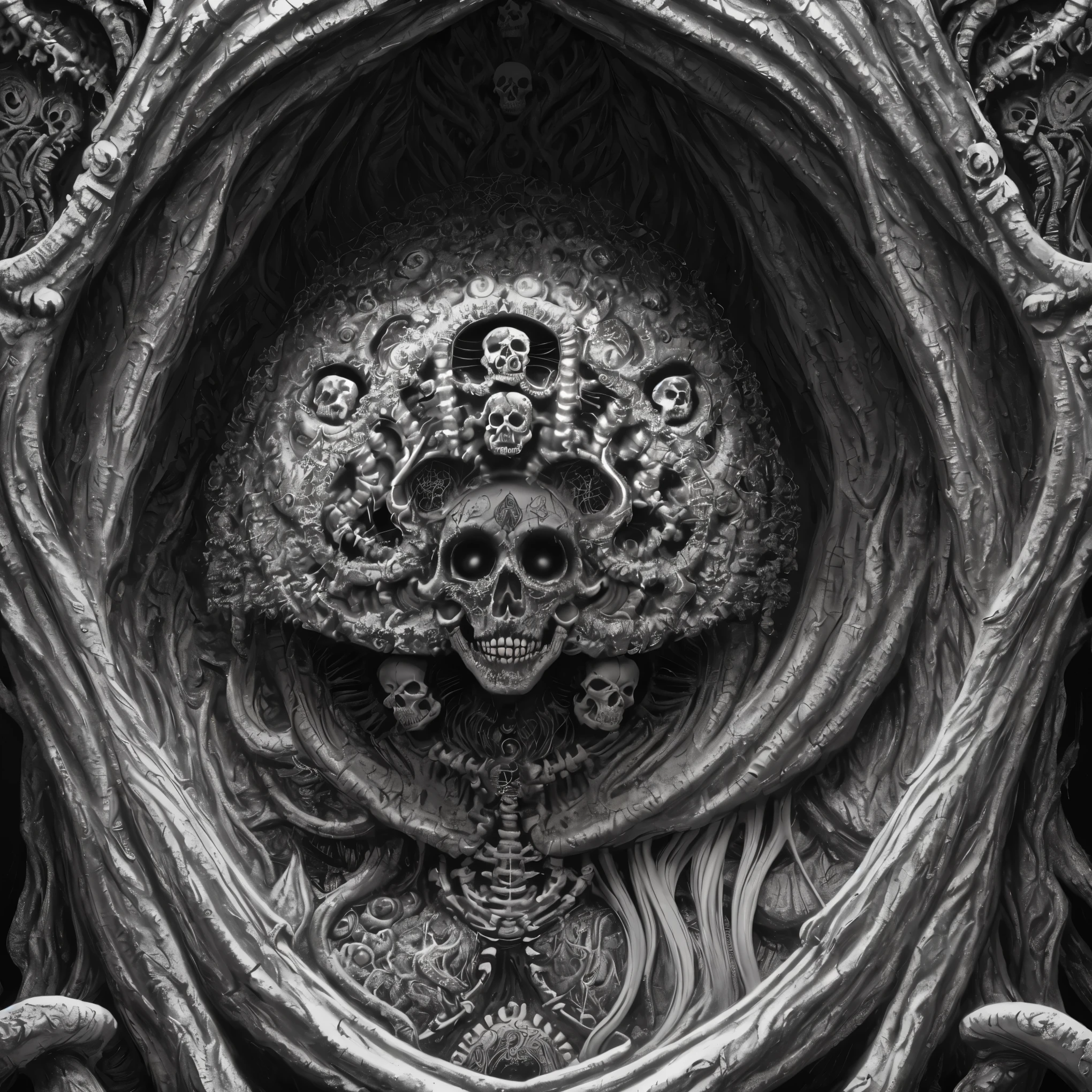 a painting of a hole with skeletons inside of it, an ultrafine detailed painting by Alex Grey, tumblr, psychedelic art, scary detailed art in color, highly detailed dark art, macabre art, hyperrealistic hell, detailed 3d gothic oil painting, just art for dark metal music, mouth of hell, horror surreal art, hell scape, horror!! highly detailed