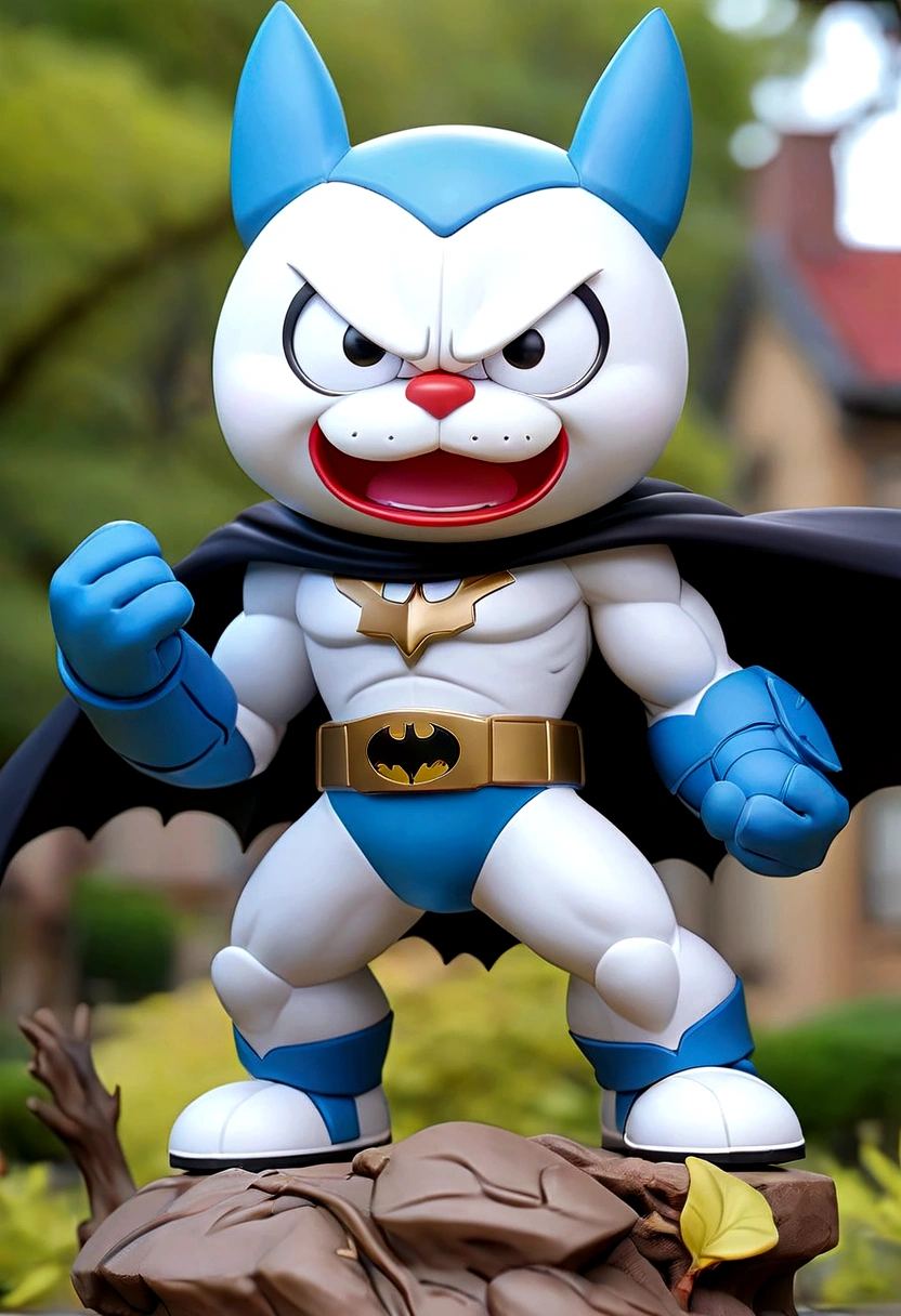 a white blue doraemon x batman figure, mobile legend hero, wear dirty cloak, IN THE CITY PARK, black steel mecha accent, hero pose, bird eye view, holding a sword, dieter ram style, trees