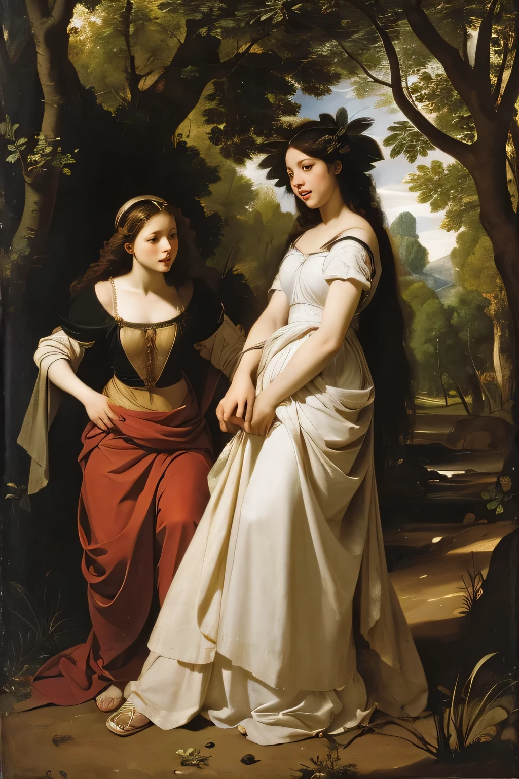 Giorgione painting style,Barbizon forest A beautiful woman in Greek dress smiles on the shore,Sweet and seductive appearance.、Caravaggio's paintings、Chiaroscuro of Caravaggio、hair tousled by the wind,Two women frolicking,cute smile, expression of ecstasy,Sexy,erotic, full body portrait