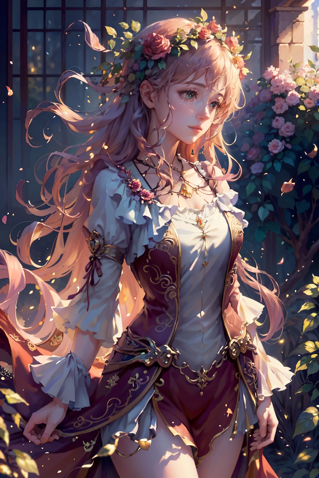 a beautiful, (epiphanic:1.1), (best quality:1.2), (masterpiece:1.1), extremely detailed CG Unity 8K wallpaper, rose bushes, rose petals, landscape, Leosia, pure, photorealistic, (realistic:1.37), (vivid colors:1.2), intricate details, soft lighting, (natural lighting:1.1), golden hour, glowing, ethereal, fantasy, dreamlike, serene, tranquil, idyllic