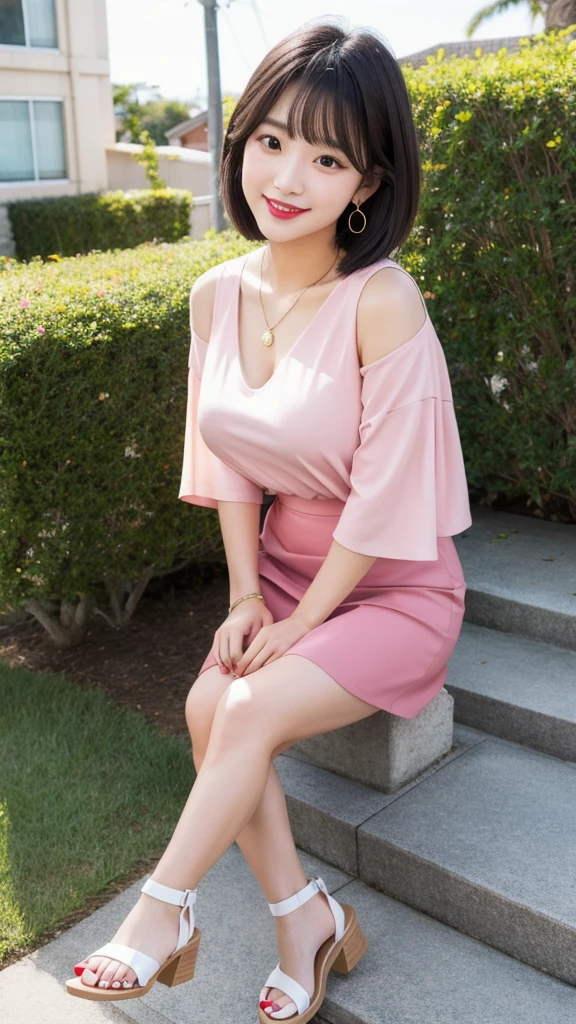 (8k, Photorealistic, Raw photo, Highest quality: 1.4),Japanese idol style1Beautiful girl of the person,18-year-old,Short bob hairstyle,Black Hair,She has her hair tucked behind her ears,She has small earrings in her ears,Big, clear grey eyes,Long eyelashes,Plump Cheeks,She is wearing pink lipstick,Apply gloss over your lipstick for glossy, plump lips,Smiling,A short pendant is hanging around her neck.,The nails on both hands are painted with light pink nail polish.,Both toenails have red nail polish,Wearing a camisole,Wearing a skin-tight skirt,wearing sandals on bare feet,garden,Standing posture,Angle from the front,Full body portrait