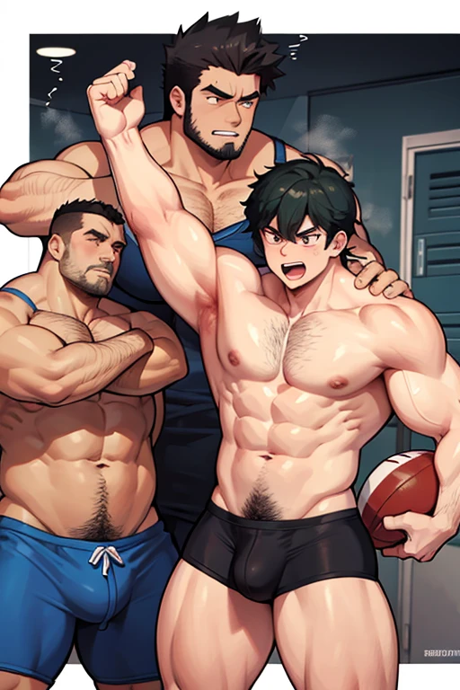 Ash Ketchum and from Pokémon and his long-lost twin brother flexing their biceps under hypnosis with glowing red eyes as they grow into big dumb sweaty hairy muscular football jock bros in a locker room and assimilate with the other dumb jock bros there. Hyper muscles. Massive muscles. Big biceps. Big triceps. Big traps. Broad shoulders. Massive meaty pecs. Bulging crotch. Hyper crotch bulge. Dumber and dumber. Blank stare with open mouth while saying, "I am a dumb jock.... I obey.... Bigger and bigger.... Dumber and dumber.... Hairier and hairier.... Yes, Coach.... Must recruit more bros. I am a dumb jock... I obey.... Huhuhuhuh...." Slumped shoulders. Hypnosis. Brainwashing. Bigger and dumber jock bros. Assimilation. Transformation into big dumb muscular jock bros. Slumped shoulders. Massive crotch bulge. Bulging glutes. Thick stubble. Hairy armpits. Repeating triggers to be dumber and dumber each time they say them to think and focus only on growing muscle and being the perfect football jocks. Hairy brutes. Crass. Conversion. Recruitment. Brainwashing. Reprogramming. Dumb jock bro personality. Bodybuilder football jock.