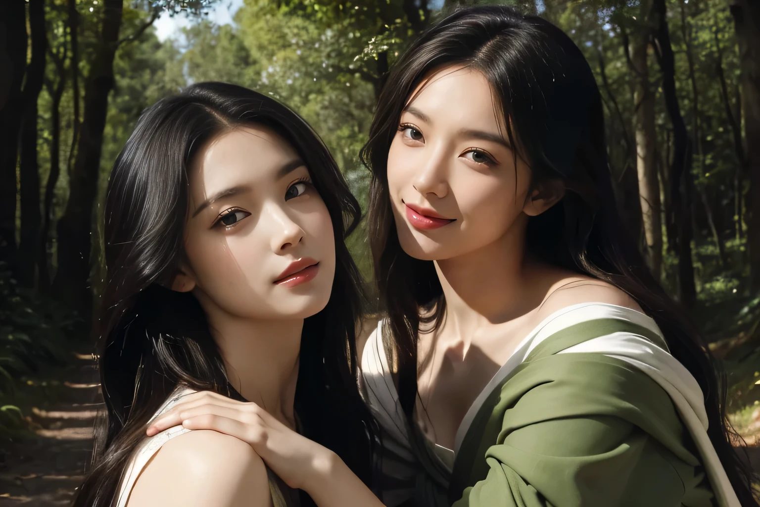Giorgione painting style,Barbizon forest A beautiful woman in Greek dress smiles on the shore,Sweet and seductive appearance.、Caravaggio's paintings、Chiaroscuro of Caravaggio、hair tousled by the wind,Two women frolicking,cute smile, expression of ecstasy,Sexy,erotic, full body portrait