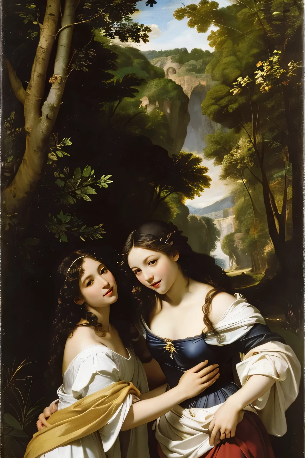 Giorgione painting style,Barbizon forest A beautiful woman in Greek dress smiles on the shore,Sweet and seductive appearance.、Caravaggio's paintings、Chiaroscuro of Caravaggio、hair tousled by the wind,Two women frolicking,cute smile, expression of ecstasy,Sexy,erotic, full body portrait
