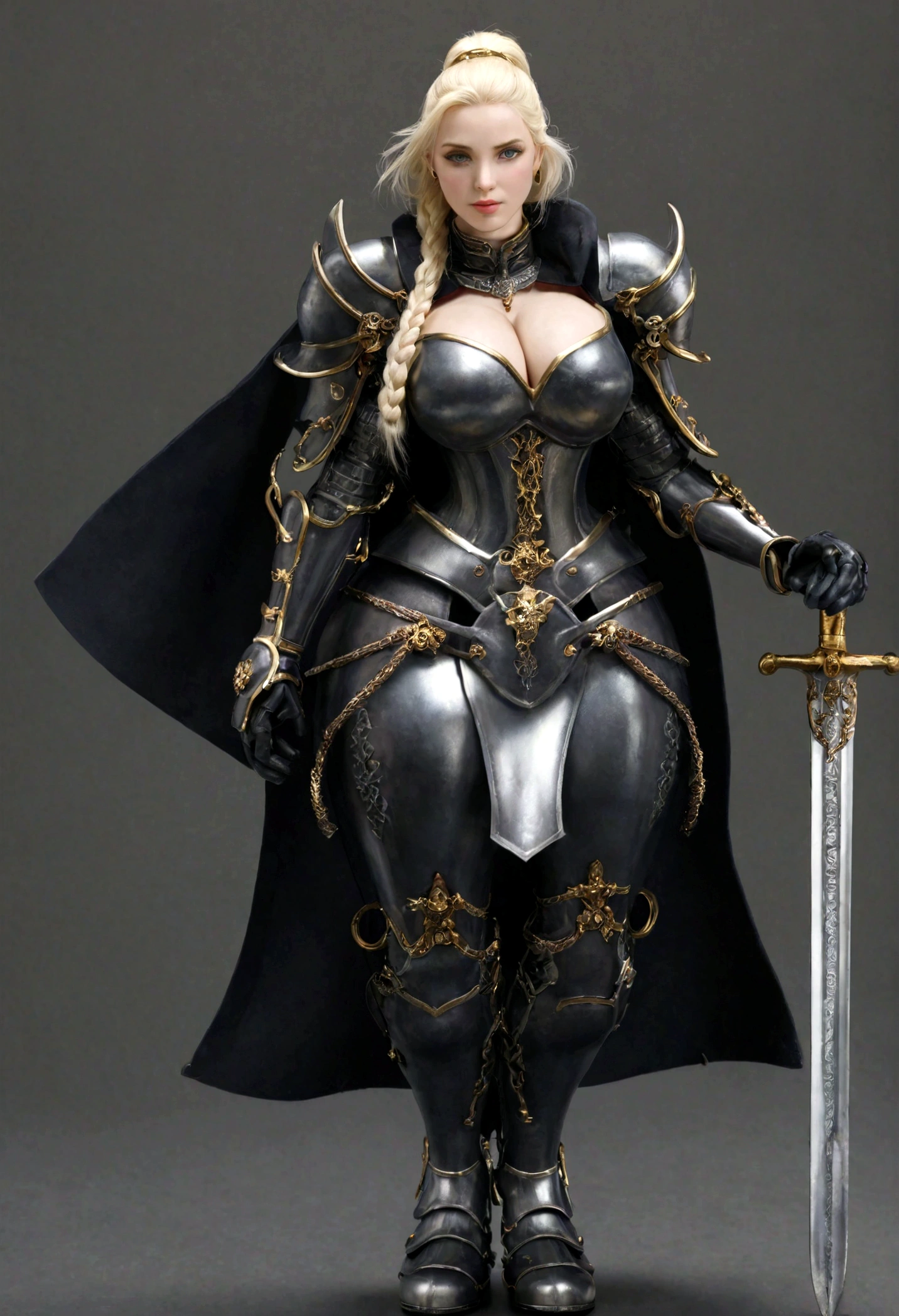 8k、Masterpiece、Royal Knights,Accurate anatomy、Sensual Body、Glamour、Glamour、Platinum blonde with thick braids、Perfect Face、The entire body is covered in luxurious heavy armor made of black enamel with gold engravings.,show,woman,Tall and strong,Point the knight's sword at the ground,Sports Late,Holding a helmet under one's arm、Cleavage close-up,Solemn,Huge breastodest waist,Big Ass、Humble,Cinematic, High resolution, original, complicated, high quality, Gorgeous shades, complicated details, Ultra-fine,OC Rendering,Ray Tracing,Real Light and Shadow,Surreal