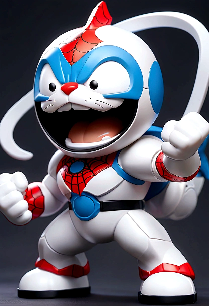 a white blue doraemon x spiderman  figure,  black steel mecha accent, hero pose, bird eye view, dieter ram style, 