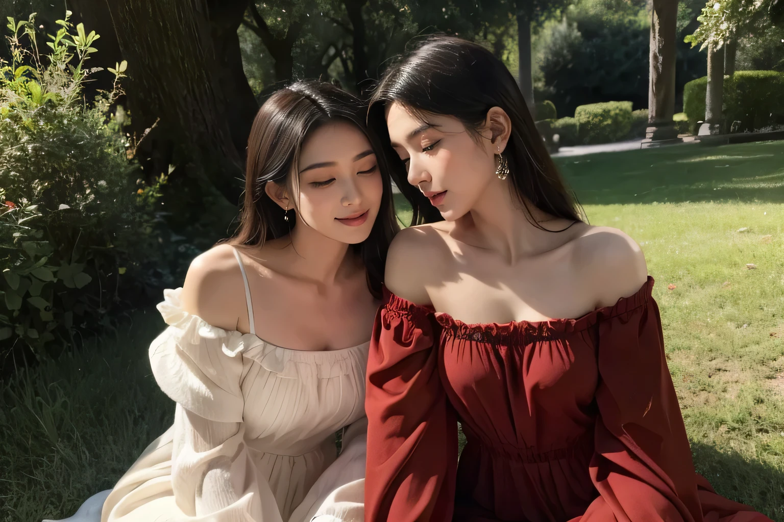Giorgione painting style,Barbizon forest A beautiful woman in Greek dress smiles on the shore,Sweet and seductive appearance.、Caravaggio's paintings、Chiaroscuro of Caravaggio、hair tousled by the wind,Two women frolicking,cute smile, expression of ecstasy,Sexy,erotic, full body portrait