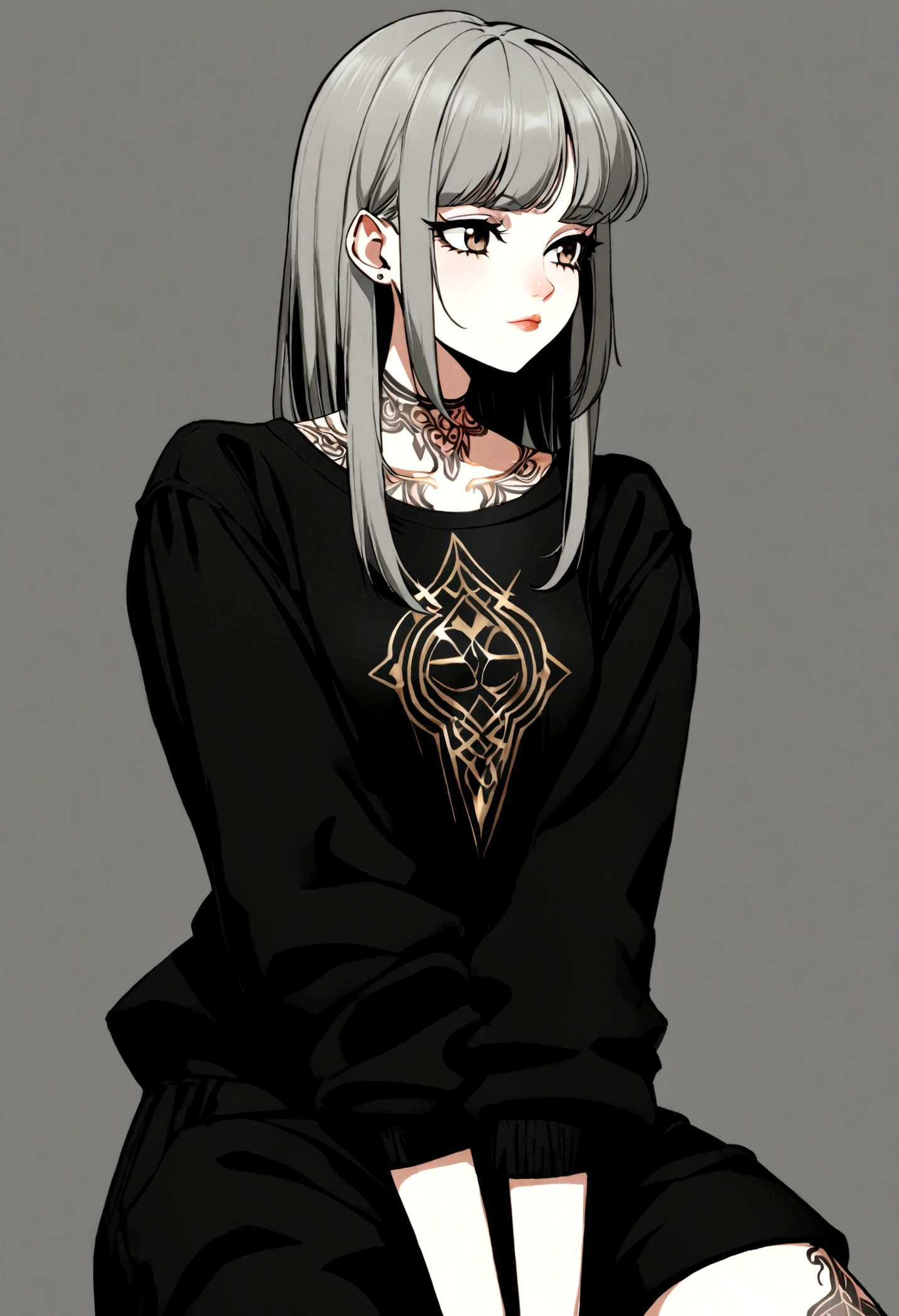 a woman in black shirt with her arms folded against , in the style of tattoo, normcore, dark silver and dark gold, happycore, focus on joints/connections, effortlessly chic, palewave --ar 9:16 --stylize 750 --v 6