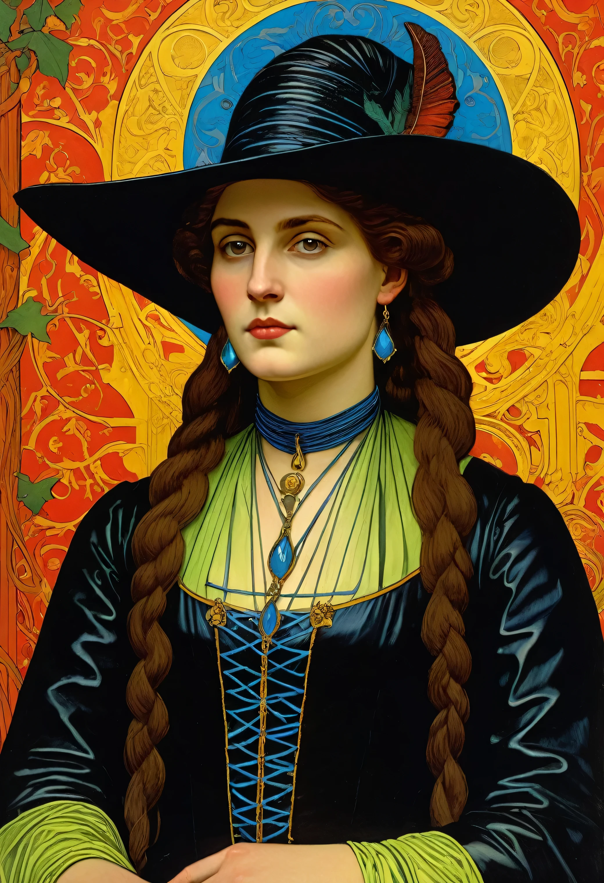 comic art by Paul Sérusier and Louis Janmot, Hateful thick Girl as French Warlock, wearing Electroluminescent Wire and Faux Leather, post-impressionism, bold colors, Symbolist painting, allegorical themes, ethereal beauty, poetic compositions, portrait art by Jerry Siegel, colorful, highly intricate, glossy, very coherent