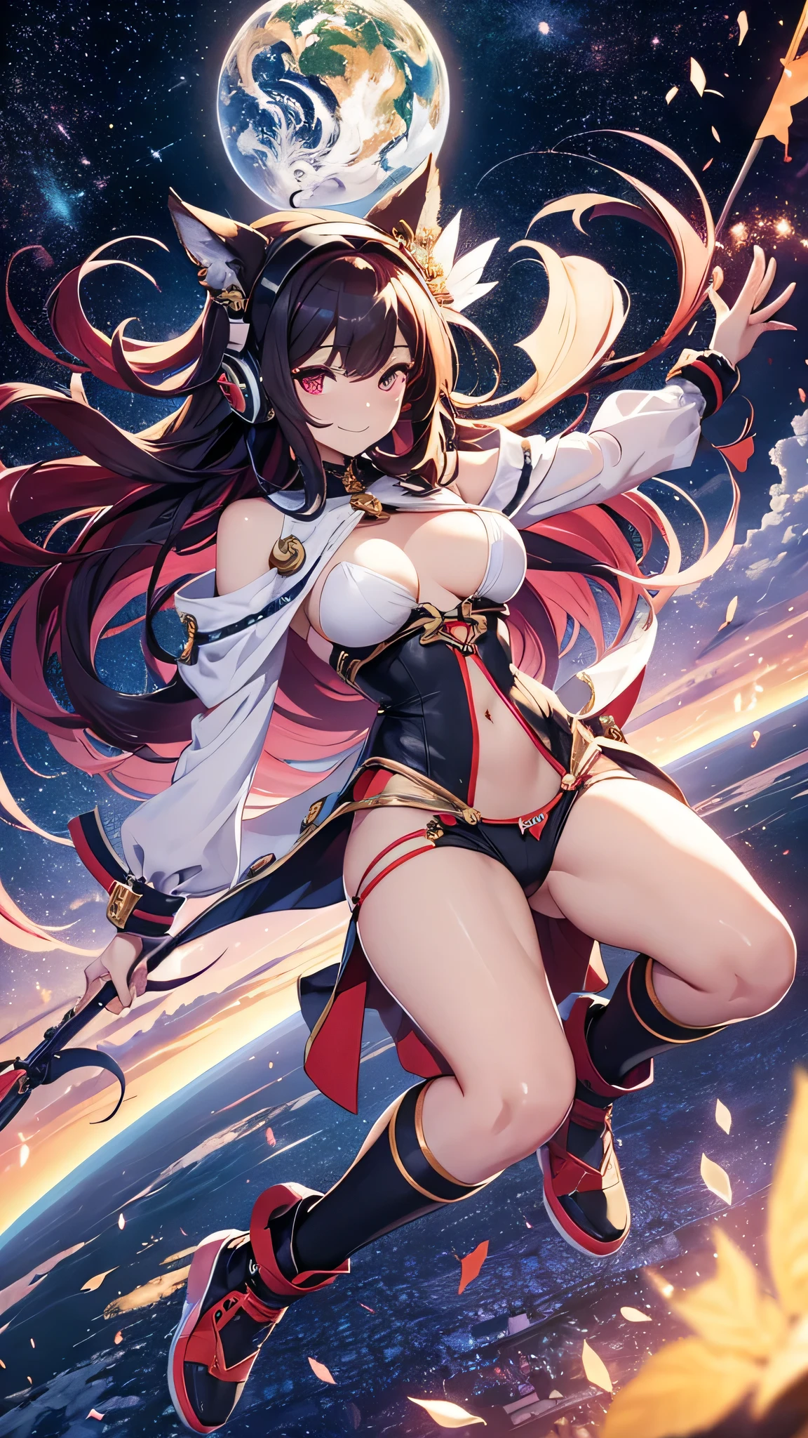 Highest quality、Highest quality、Masterpiece、girl((20-year-old、as soon as、Highest Bust、Medium Bust、Wide open chest、Red glowing eyes、Black Ear、Red Mesh、Disheveled Hair、Loincloth、thin、The best valley、Open chest、hair ornaments、Full body view、Completely naked、Random Pause、smile、Headphones embarrassed face))、high quality、Beautiful Art、background((Collapsing Ground、no gravity、Floating Object、shooting star、universe、comet))、Depth((Earth))、flight、Flying Debris、Depth of text、movie、Visual Arts、Perfect Art、8K、Genuine、Special Angles
