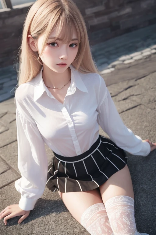 (RAW Photos, highest quality), (Realistic, photo-Realistic:1.3), masterpiece, Very delicate and beautiful, Very detailed, CG, Unity , 2k wallpaper, wonderful, In detail, A light smile, Very detailed CG Unity 8k wallpaper, Large file size, Super detailed, High resolution, Absurd, Soft Light, (((Medium Hair:1.3), Short bangs, White Hair, Floating hair NovaFrogStyle)), Beautiful detailed girl, Detailed fingers, Very detailed eyes and face, Beautifully detailed nose, Beautiful fine details, Long eyelashes, Light on the face, View Viewer, (Mouth closed:1.2), One girl, cute, young, Mature Face, (whole body:1.3), ((Small breasts)), Realistic face, Realistic body, Beautiful thigh details, (Ulzzang-6500-v1.1:0.8), uniform, Collared shirt, Open clothes, at school, Details Office, Open cardigan, White knee socks, mini skirt, Unbuttoned shirt,