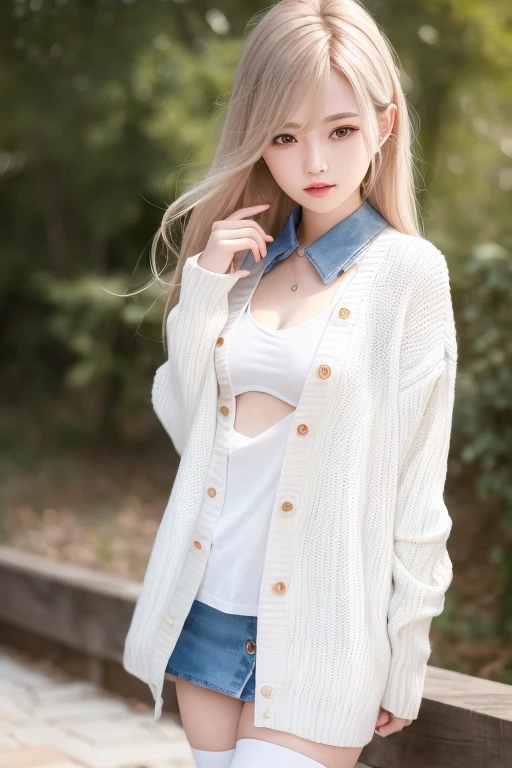 (RAW Photos, highest quality), (Realistic, photo-Realistic:1.3), masterpiece, Very delicate and beautiful, Very detailed, CG, Unity , 2k wallpaper, wonderful, In detail, A light smile, Very detailed CG Unity 8k wallpaper, Large file size, Super detailed, High resolution, Absurd, Soft Light, (((Medium Hair:1.3), Short bangs, White Hair, Floating hair NovaFrogStyle)), Beautiful detailed girl, Detailed fingers, Very detailed eyes and face, Beautifully detailed nose, Beautiful fine details, Long eyelashes, Light on the face, View Viewer, (Mouth closed:1.2), One girl, cute, young, Mature Face, (whole body:1.3), ((Small breasts)), Realistic face, Realistic body, Beautiful thigh details, (Ulzzang-6500-v1.1:0.8), uniform, Collared shirt, Open clothes, at school, Details Office, Open cardigan, White knee socks, mini skirt, Unbuttoned shirt,