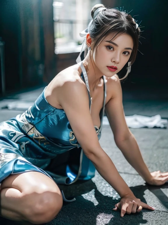(((((Lying down))),(High Kick))),"(Exquisitely drawn CG Unity 8k wallpaper, Masterpiece quality with stunning realism), (Best lighting, Best Shadow), (highest quality), (Elegant and devilish style:1.2), Artistic modern anime. Diagonal view, A close-up full-body portrait of a stunningly beautiful mature Chun-Li from Street Fighter。 ((Dark brown hair:1)), ((White lace-up boots:.5)), Dynamic pose, (Blue Chinese Dress:1.5), Great body, in china at night with neon lights, Shy and timid、Frivolous、sexy、Cute expression, the body is slim, Very decorative and detailed, Brown see-through pantyhose, Depth of field blur effect, night, Full Zoom, Action Portrait, Realistic. Cinema Lighting, Very detailed. highest quality, 4K, Better Hands, Perfect Anatomy, Shortening effect, Shy and timidsexyな表情, Your legs look short, (Sharp Eye:0.8), Surrounded by an ominous and dark atmosphere, Dramatic and striking lighting accents, Surreal fantasy feel". (Wearing white laced military boots:1), (night:1), (Side view:.5), (Lifted my butt:1), (metal spike bracelet:1), (Leaning forward:1), (White ribbon flowing from the hair bun:1.5) (Front view:1)