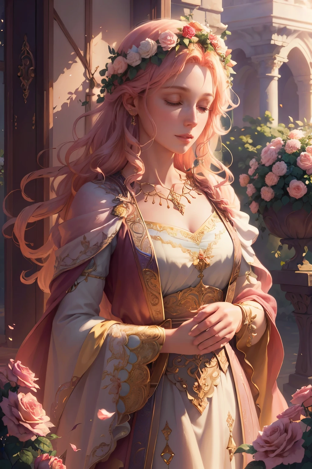 a beautiful, (epiphanic:1.1), (best quality:1.2), (masterpiece:1.1), extremely detailed CG Unity 8K wallpaper, rose bushes, rose petals, landscape, Leosia, pure, photorealistic, (realistic:1.37), (vivid colors:1.2), intricate details, soft lighting, (natural lighting:1.1), golden hour, glowing, ethereal, fantasy, dreamlike, serene, tranquil, idyllic