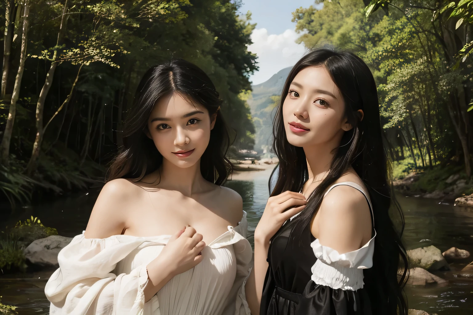 Giorgione painting style,Barbizon forest A beautiful woman in Greek dress smiles on the shore,Sweet and seductive appearance.、Caravaggio's paintings、Chiaroscuro of Caravaggio、hair tousled by the wind,Two women frolicking,cute smile, expression of ecstasy,Sexy,erotic, full body portrait