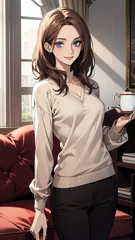 (highest quality,High resolution,Very detailed),1 girl, Beautiful and elegant light blue eyes, Brown Hair, Cold Smile,Medium Hair,pants,Wearing a white V-neck sweater, Mature Woman, Age 27,Cruel smile, Calm and Calm,secretary, Slim figure, Pale complexion, thin, Calm, sofa,Talking,Mug,Black tea
